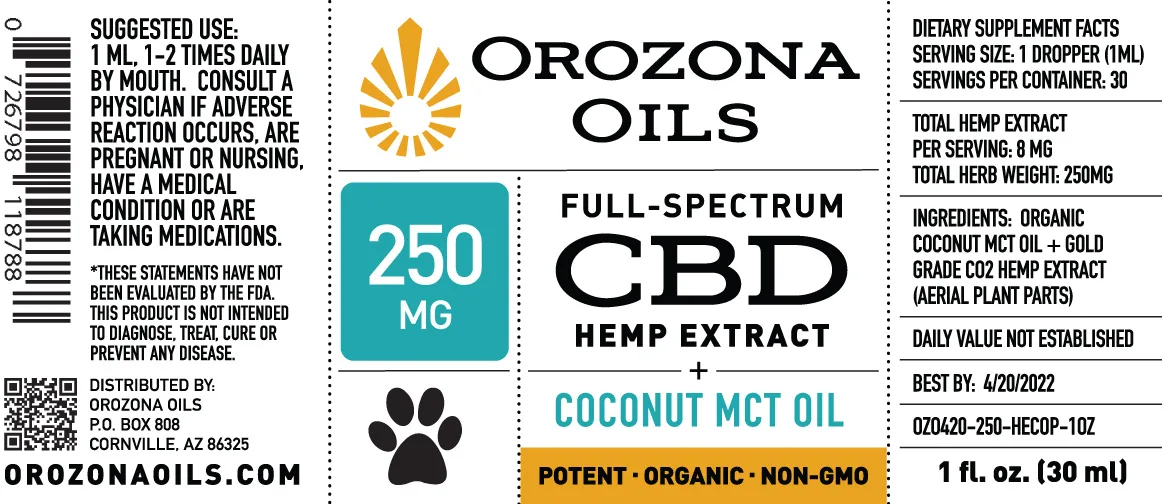 250mg Pet Hemp Extract Coconut MCT Oil - CBD Oils by Orozona